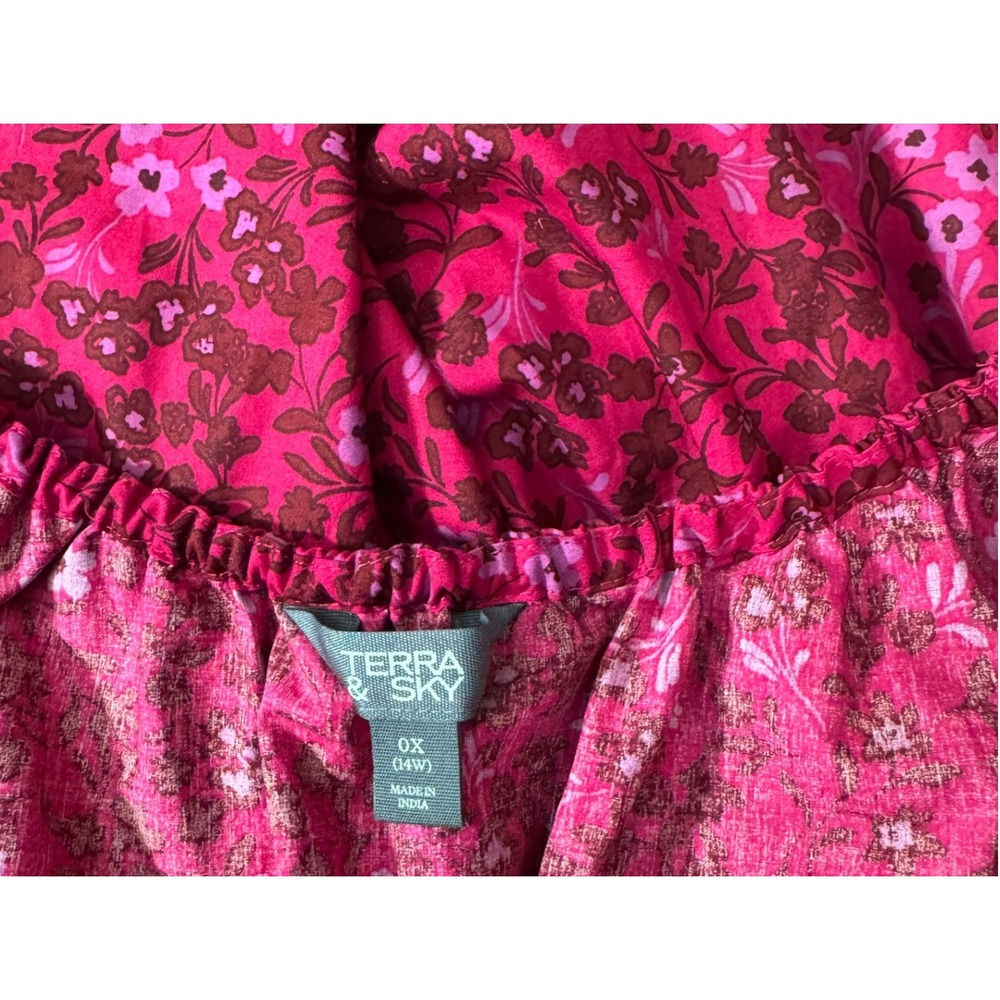 Terra & Sky Mini Cinched Dress Women 0X Dark Azalea Floral Smocked Pockets NEW - Picture 3 of 11